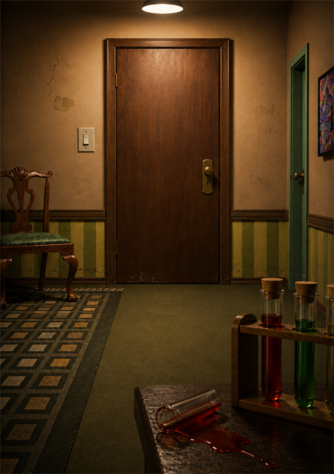 The exit door seen from across the room, with test tubes in the foreground