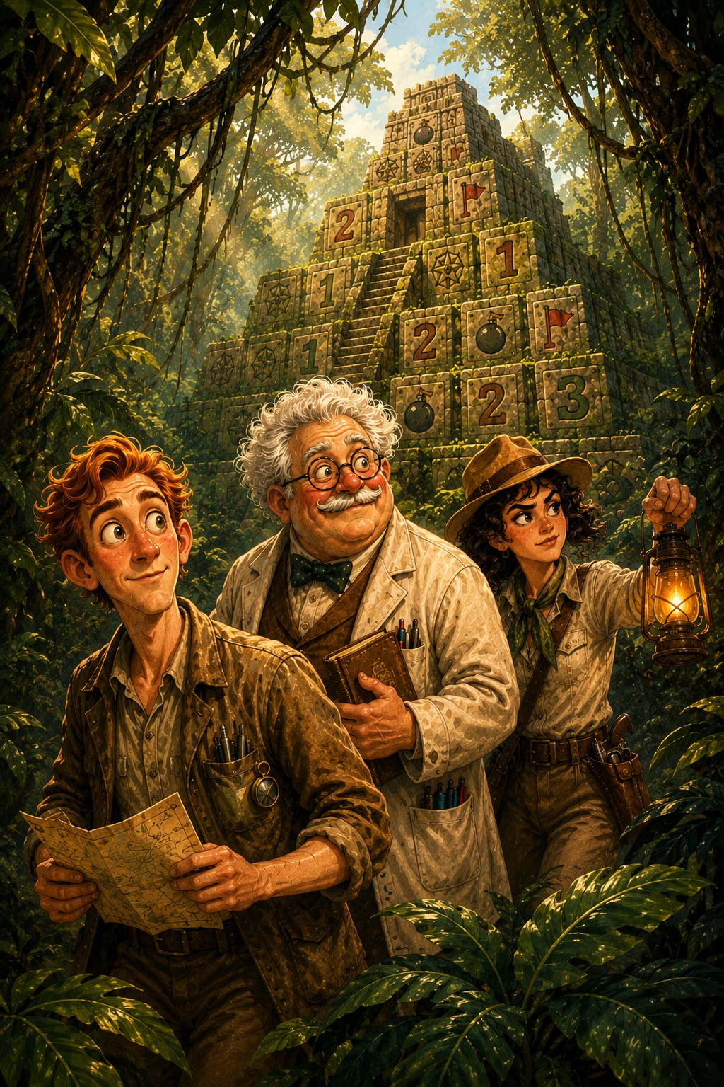 The three explorers in the jungle, in front of a stepped temple whose stones are numbered minesweeper squares