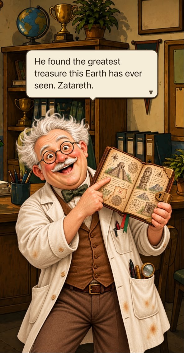 Ludwig in his study, holding the open diary and pointing at a page of maps and symbols, with a speech balloon above him