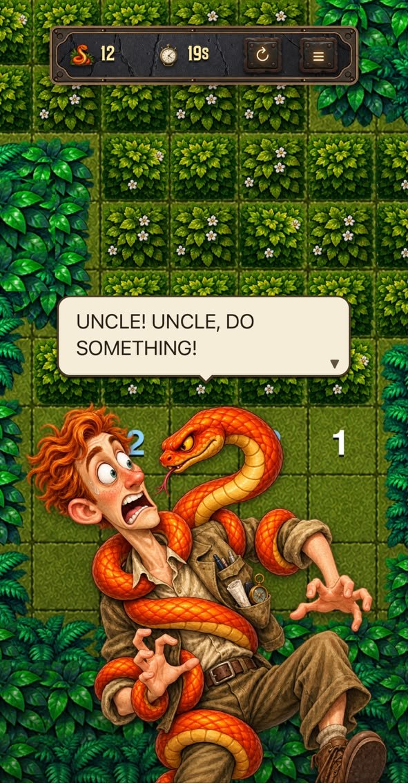 Norbert wrapped in a large orange snake on the board, shouting, under a speech balloon reading “UNCLE! UNCLE, DO SOMETHING!”