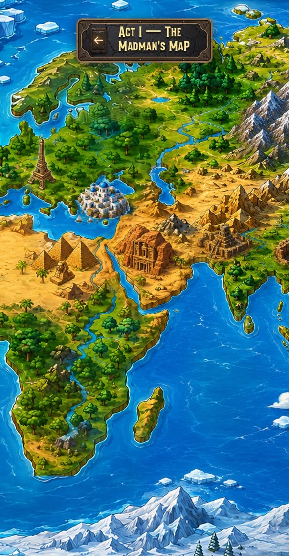Illustrated world map showing Europe, Africa and the Middle East with landmarks, under a sign reading “Act I — The Madman’s Map”