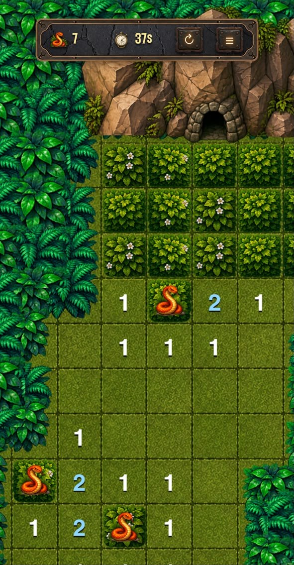 A grass board scattered with coiled snakes and numbers, framed by jungle, with a cave mouth in the rock above