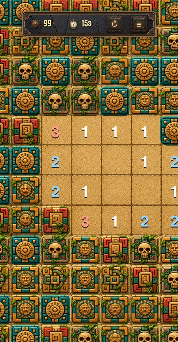 An Aztec-tiled board with skull and sun-stone blocks around a cleared patch of numbers