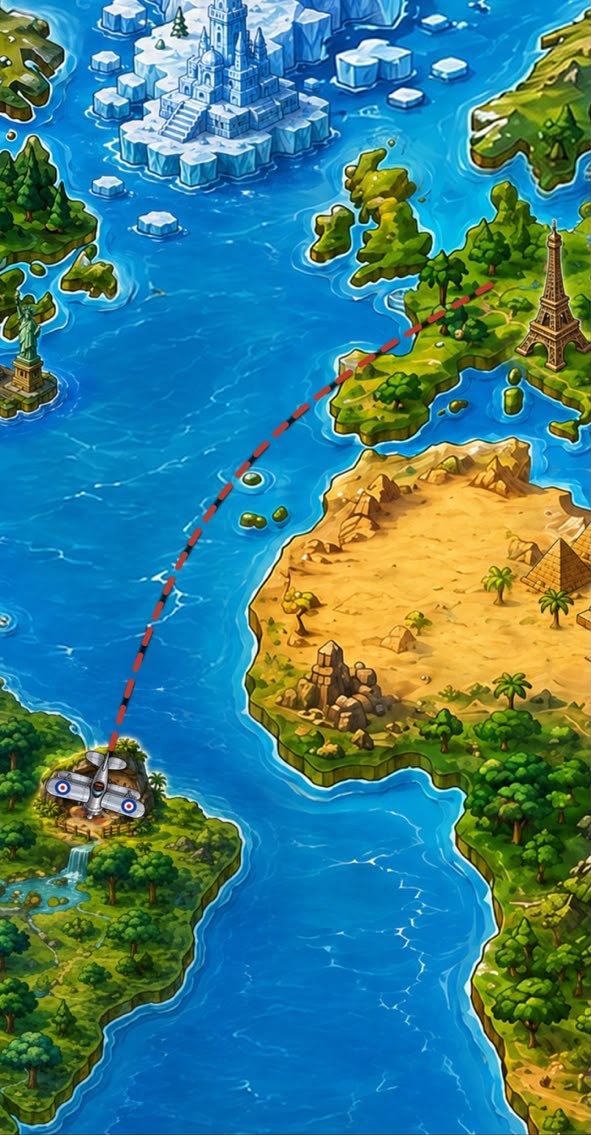 The world map with a red dashed line running from a biplane in South America across the Atlantic towards Europe