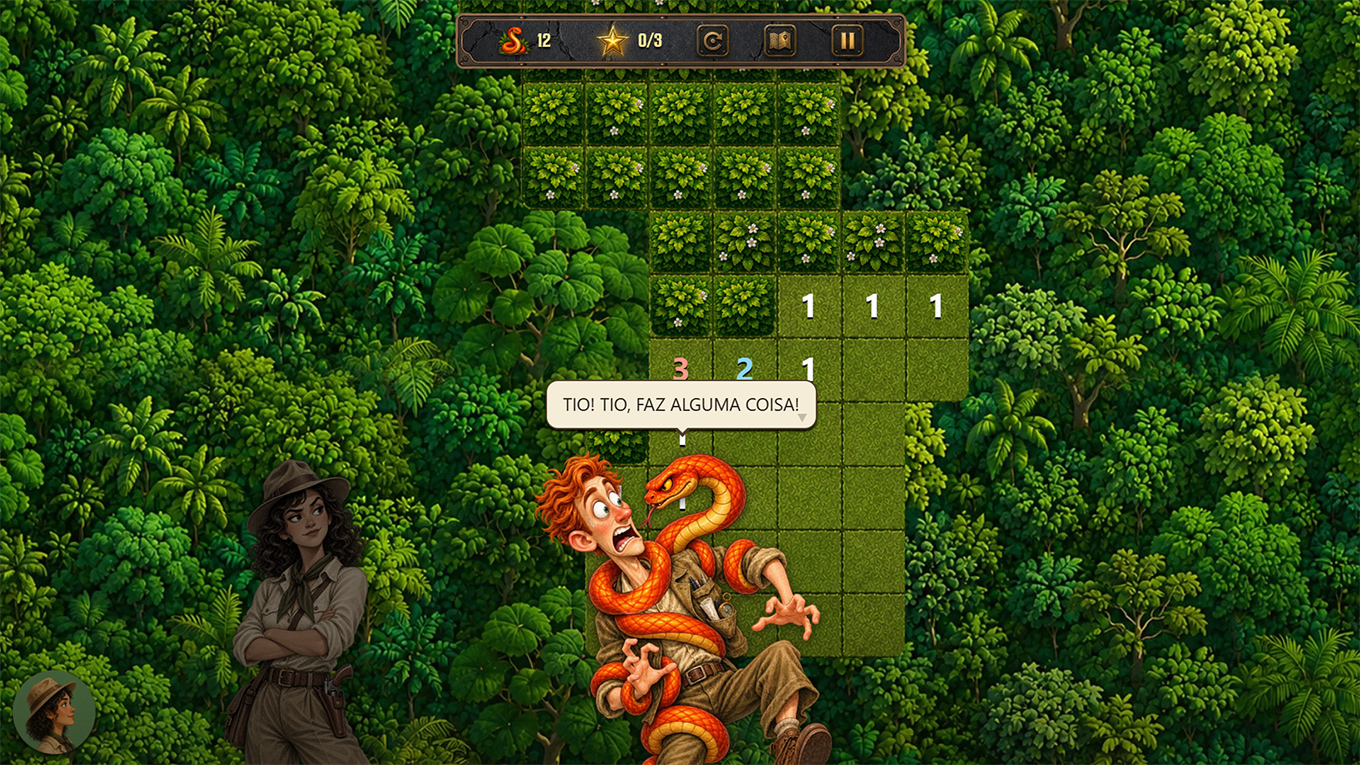 Norbert tangled in a large orange snake on a jungle board, shouting for his uncle in a speech balloon, while Patrícia watches with crossed arms