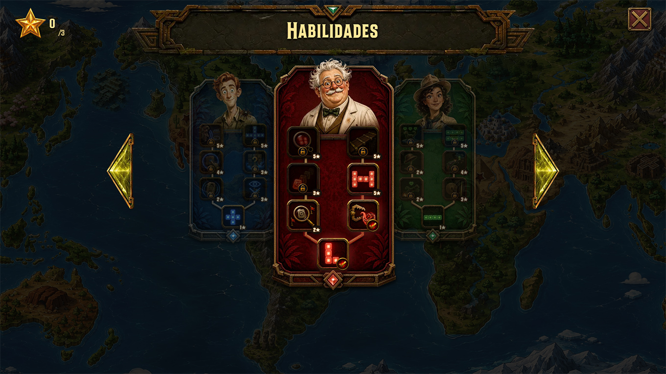 The skill screen with three talent-tree cards over the world map, Ludwig’s red tree open in the centre