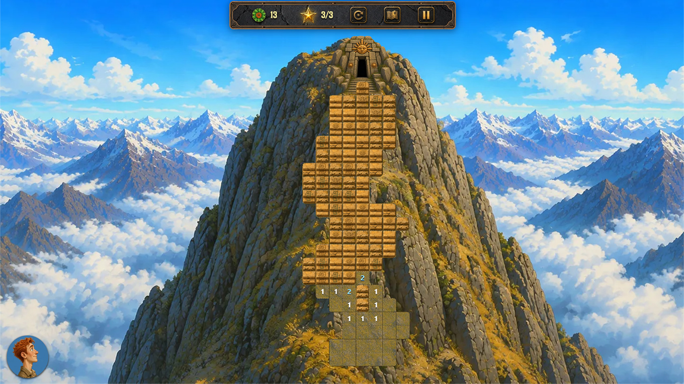 An Andean peak above the clouds, with a trail of golden stone blocks climbing to a temple at the summit