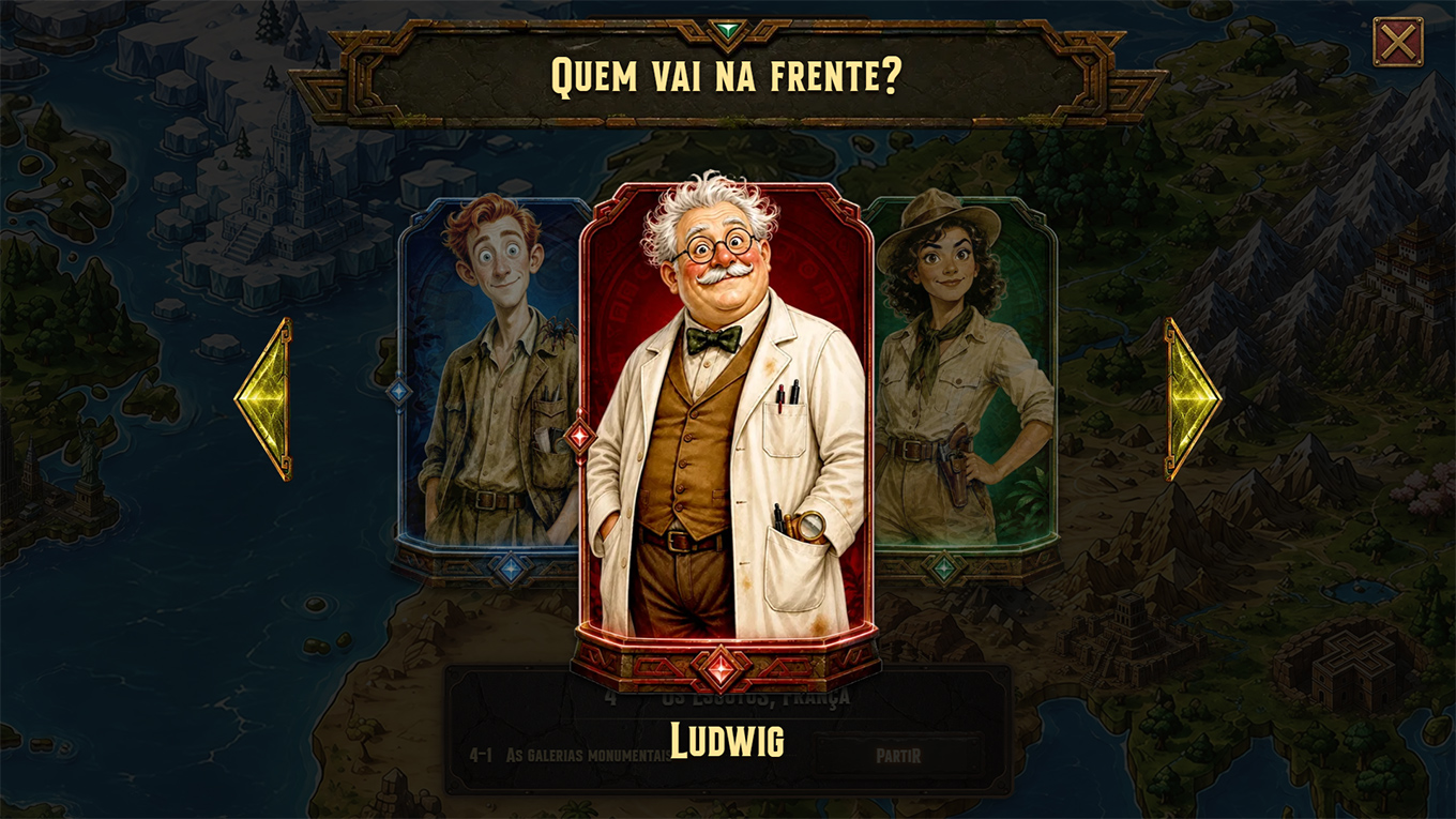 The leader-select screen with the three heroes on ornate cards, Ludwig highlighted in the centre
