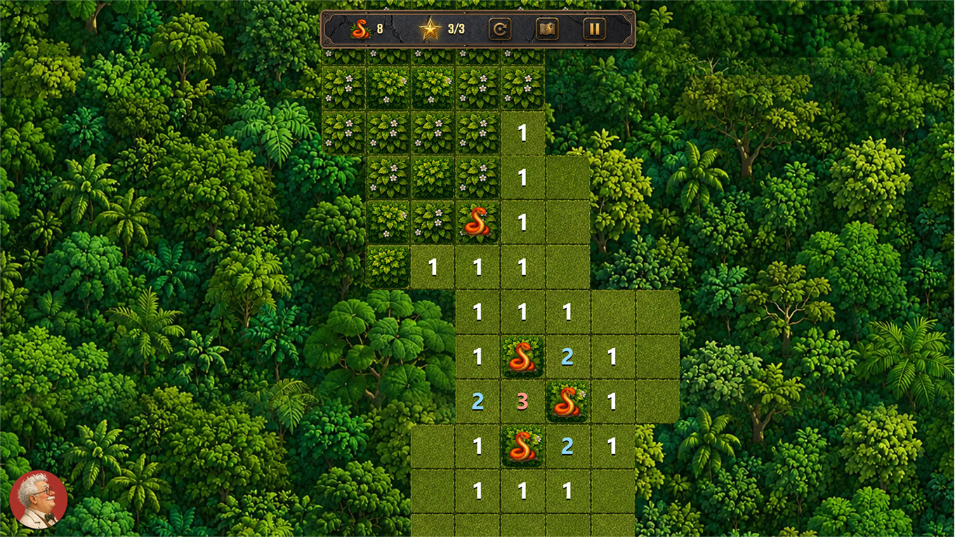 A trail-shaped minesweeper board winding through the jungle, with numbers and snakes among leafy blocks
