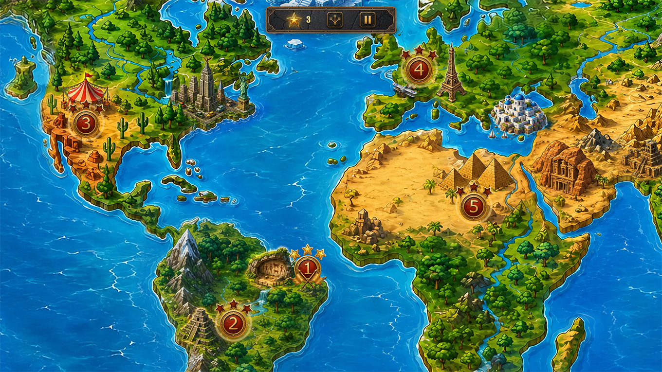 Illustrated world map with numbered, starred destinations: a circus in the desert, New York, the Eiffel Tower, pyramids and a painted cave in South America