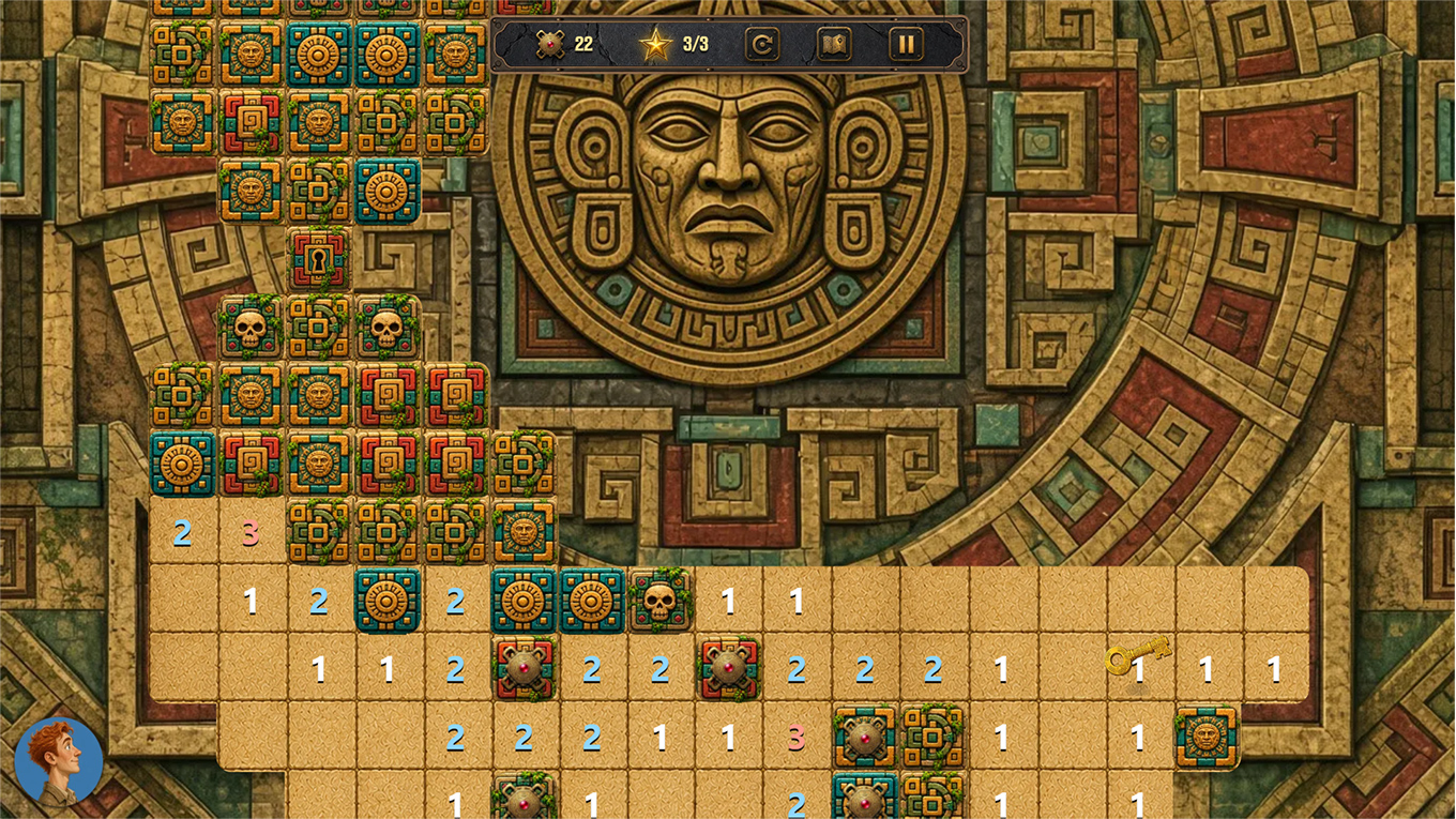 An Aztec-tiled board with skull and sun blocks, and a golden key waiting among the open squares